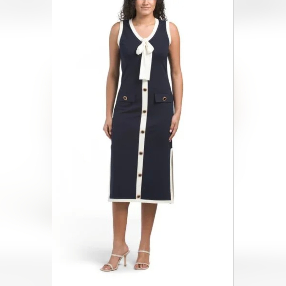 Nicole Miller Navy and Cream Button-Front Midi Dress - Picture 2 of 6